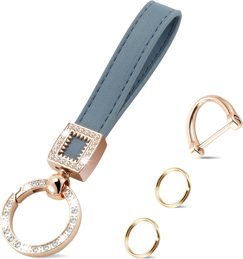 JUSTTOP Leather Keychain, Creative Bling Car Key Chain with Anti-Lost D-Ring and 2 Key Ring, Keychain Wristlet, Car Accessories (Blue) - Image 1